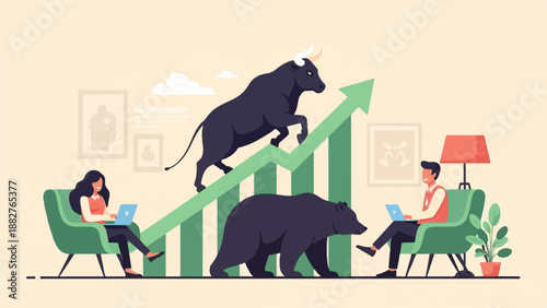 Bull and bear market illustration with people working remotely