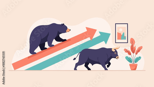 Bull and bear on upward trending arrows, potted plant, picture