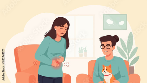 Concerned person comforts woman holding stomach with pet dog nearby