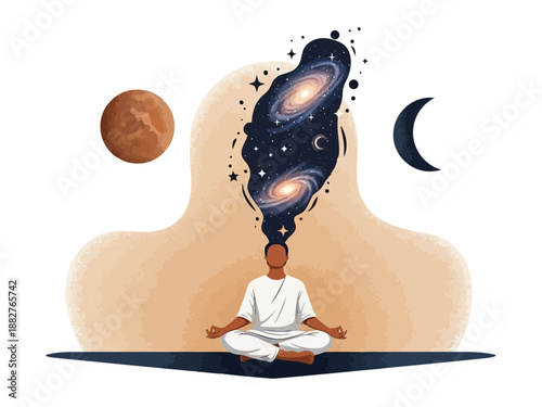 Man meditating with a galaxy and planets in his mind