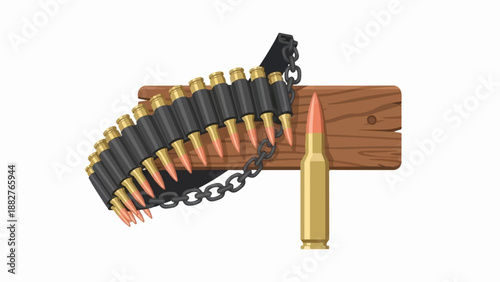 Ammunition belt draped over wooden plank with single bullet