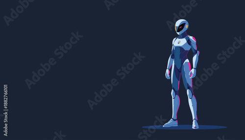 Futuristic flat vector illustration of a humanoid robot standing confidently, symbolizing artificial intelligence, innovation, advanced technology and sci-fi design on a dark background.