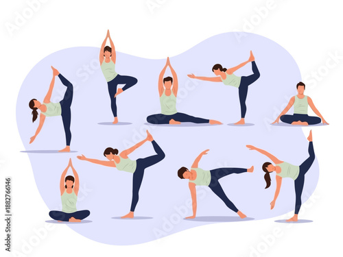 Group of people doing yoga exercises in various poses on a purple background