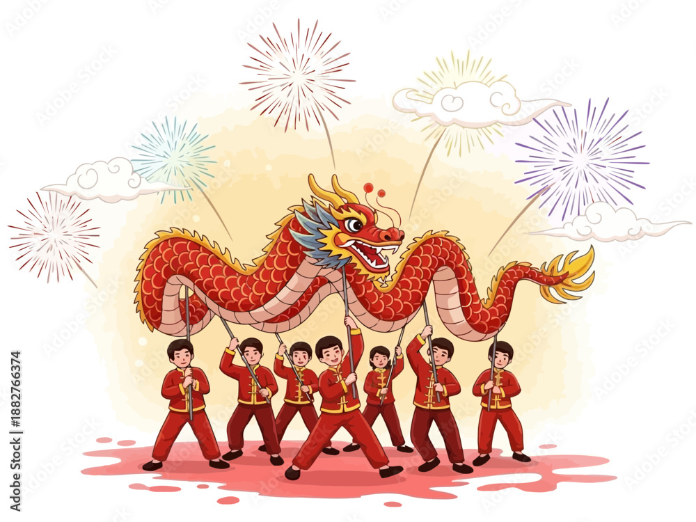 Fototapeta premium Chinese dragon with fireworks and people in traditional costumes