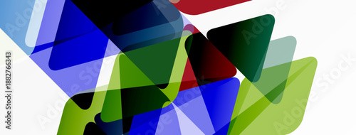 Abstract composition features overlapping translucent shapes. Colors include blue, green, red, plus white background. Modern design elements present.