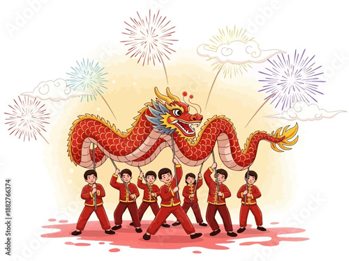 Chinese dragon with fireworks and people in traditional costumes