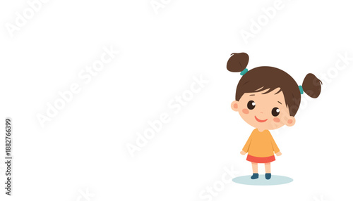 Nice girl cartoon vector illustration with pigtails, smiling child character in flat style, isolated on white background, perfect for kid design, education and nursery so projects.
