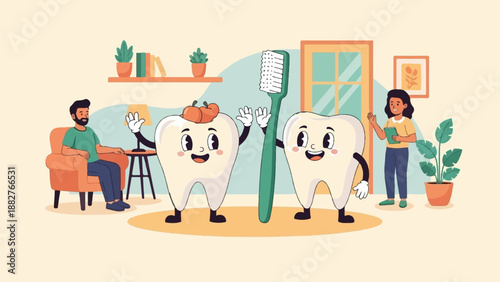 Cartoon teeth and people in a room, promoting dental care