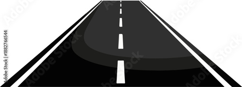 An asphalt road with white dashed lines recedes into white space