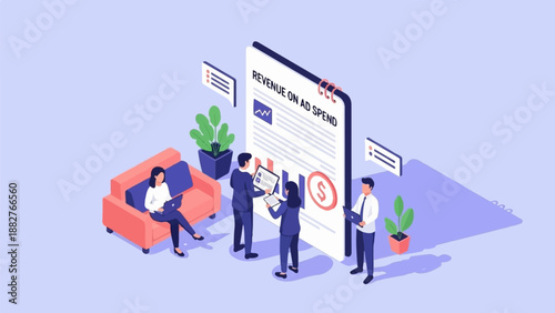 Business people collaborate on a report analyzing revenue from ad spend