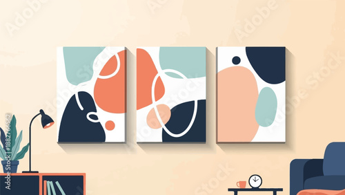 Abstract art displayed in a room with a lamp, plant, and seating