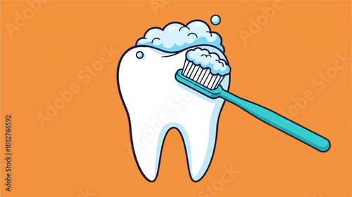 Cartoon tooth being brushed with foam and a turquoise toothbrush on orange
