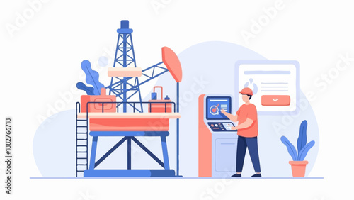 An industrial worker operates an offshore drilling rig control panel