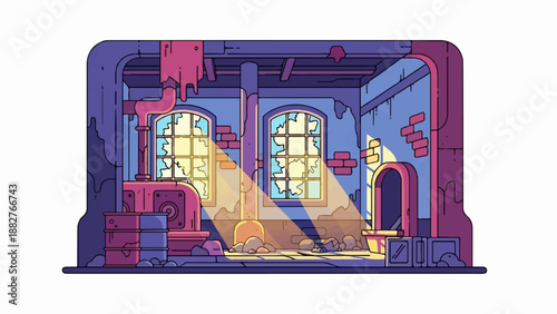 Abandoned industrial interior with broken windows and machinery