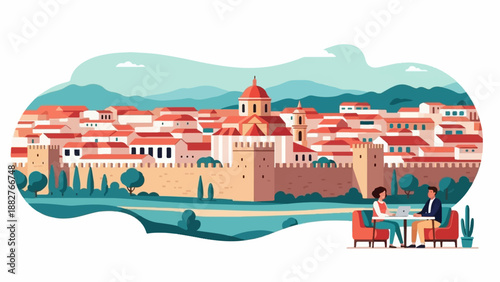 Couple enjoys a cafe in a picturesque ancient city with a fortified wall