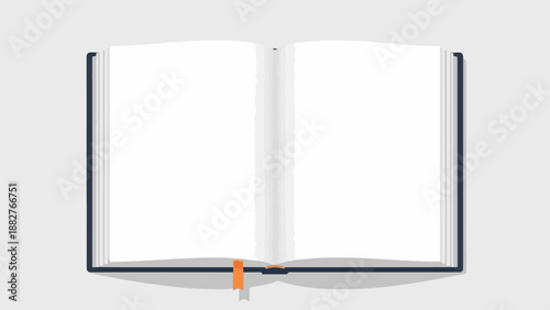 An open book with blank white pages and a thin orange bookmark lies on a pale background