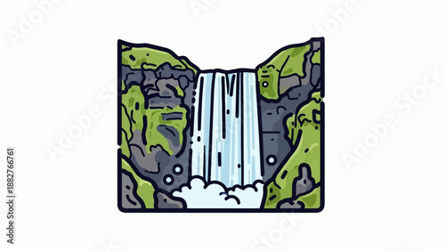 Cartoon waterfall cascading down mossy cliffs into foamy mist