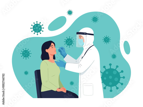 Medical professional in protective gear administering nasal swab test to patient