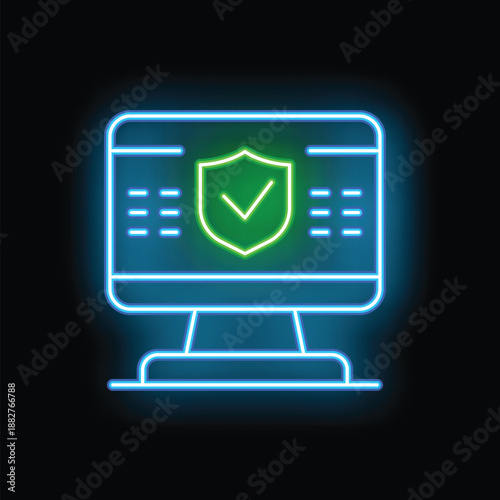 Neon glowing cyber security checkmark shield icon on computer monitor, representing online safety and protection