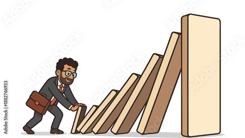 A cartoon businessman in a suit trying to stop a domino effect from happening