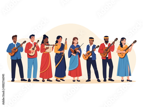 Diverse group of musicians playing instruments on beige background