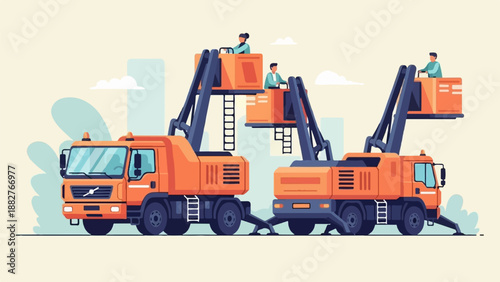 Construction workers operate cherry pickers for elevated tasks