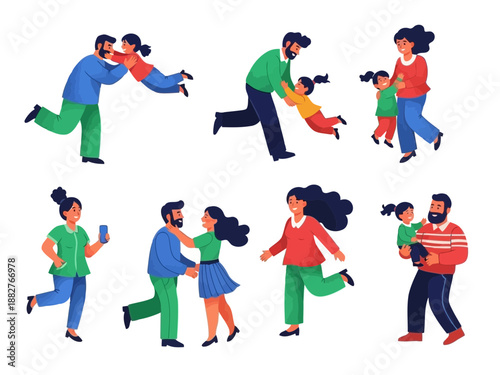 A colorful illustration of multiple people running and playing together in a lively energetic scene