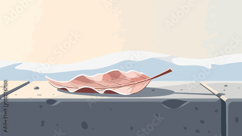 Autumn leaf rests on stone, against a muted sky and rolling hills