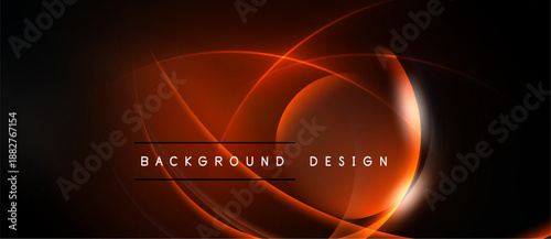 Abstract design features glowing orange lines, curves, shapes. Dark background enhances luminosity, creating dynamic visual effect. Text reads background design.