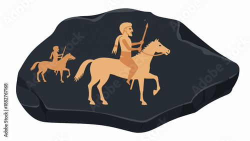 Ancient artwork depicts horsemen on dark stone