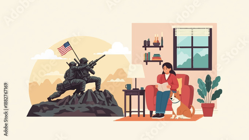 Contrast of war heroes statue and peaceful woman reading with dog