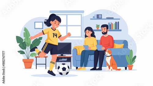 A young girl plays soccer indoors while her parents relax nearby