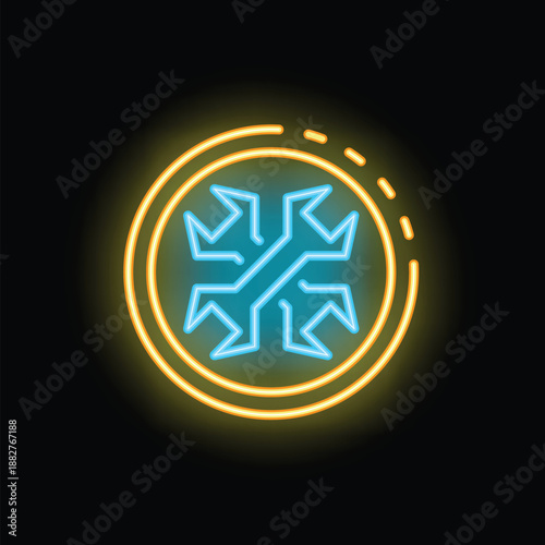 Bright neon sign showing a dynamic symbol of expansion and growth, with arrows radiating outwards