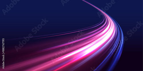 Neon laser streaks curve along city highway. Motion lines, purple and blue light waves, energy trails mix with flashes creating futuristic traffic movement. Vector illustration.