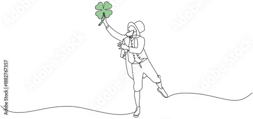 Vector design of a man in Saint Patrick's Day costume holding a clover leaf for Saint Patrick's Day