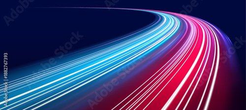 Glowing neon laser streaks flow across urban road. Motion lines, purple, blue and red energy waves, trail patterns combine with police signals showing high-speed traffic flow. Vector illustration .