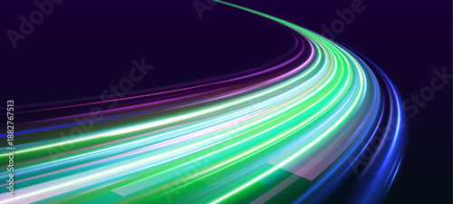 Neon laser lines twist along city highway. Motion lines, purple red wave energy, light trails blend with police lights creating dynamic futuristic traffic visuals. Vector illustration .