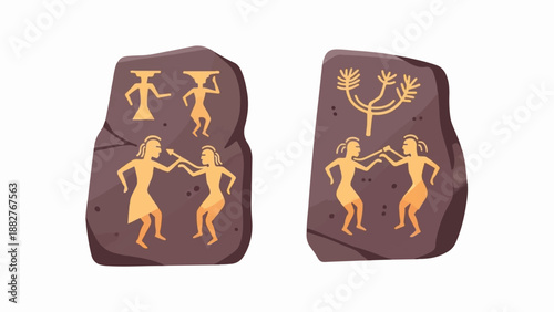 Ancient rock art depicting dancing figures and stylized symbols on textured surfaces