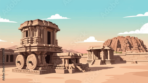 Ancient stone chariot and structures in a desert landscape at sunset