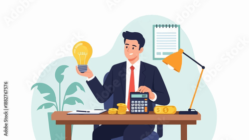 Businessman holding lightbulb at desk with calculator, coins, lamp, and plant