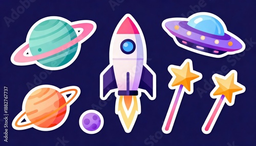 A colorful illustration featuring a rocket, planets, and UFOs, perfect for space-themed designs or children's graphics.