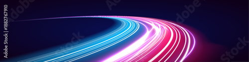 Glowing neon laser lines ripple across urban road. Motion lines, purple, blue, red wave trails, energy effects merge with police signals showing futuristic traffic speed. Vector illustration.