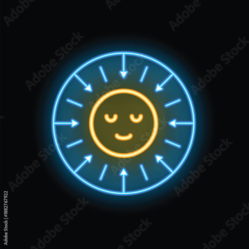 Neon icon depicting introversion with converging arrows pointing to a smiling face on a dark background