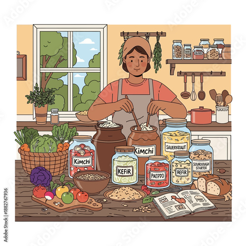 Woman preparing fermented food in a kitchen, surrounded by jars and ingredients.