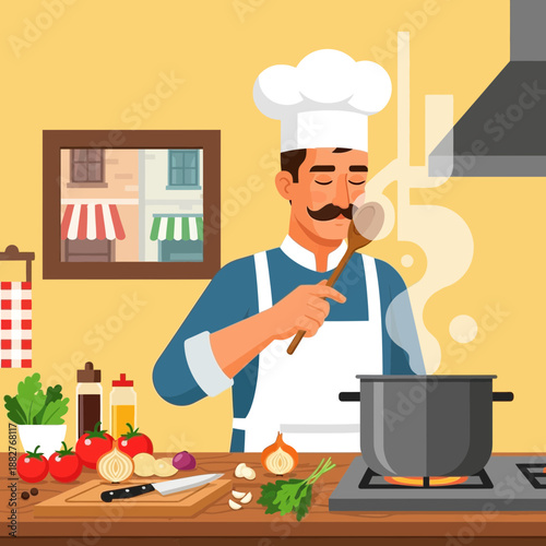 Chef smelling food from pot, cooking in kitchen, fresh ingredients on counter