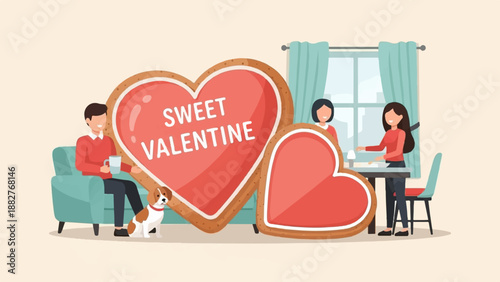 Couple and dog enjoy Valentine's Day with large heart-shaped cookies