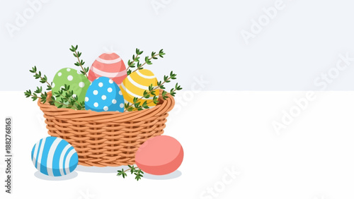 A woven basket holds colorful patterned Easter eggs and sprigs of greenery