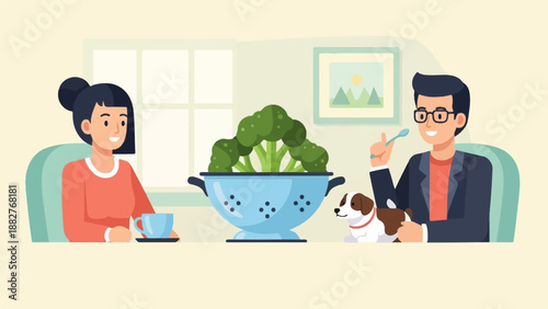 Couple and dog enjoying a meal with fresh broccoli indoors
