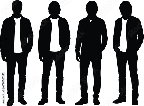 Four black silhouettes of people in jackets and pants standing side by side on white background for fashion, posture, and uniformity studies
