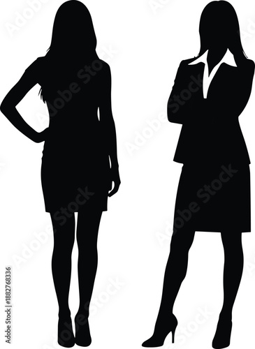 Professional women's silhouette comparison showing contrasting business attire and confident postures for corporate fashion, workplace diversity, editorial, and marketing use